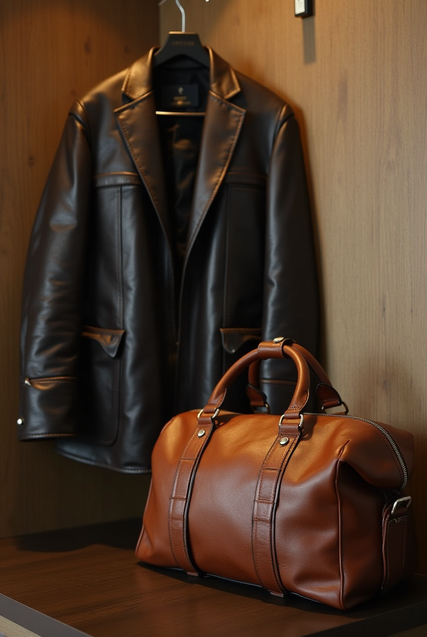 a_leather_jacket_on_a_hanger_next_to_a_leather_duffel_bag_with_a_wooden_wall_or_soft-focus_urban_ba_9xqhmhnx8qzr3xxdq2z4_0